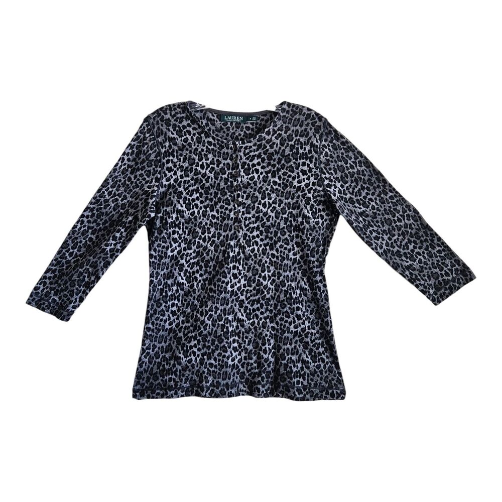 LAUREN RALPH LAUREN Women M Hensley Top Black Gray Animal Print Cotton Bust 36"